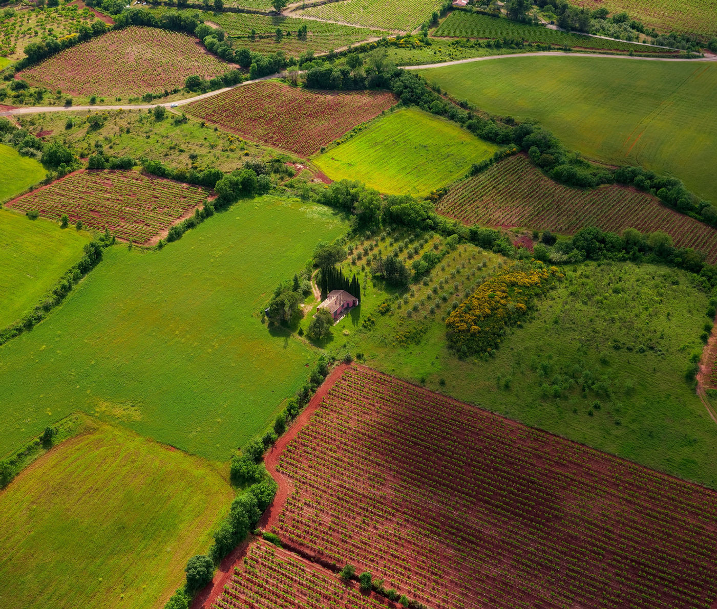 Aerial view of patchwork farmland and fields